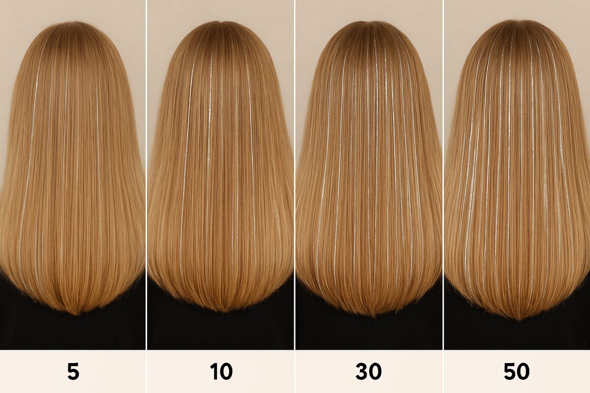 Hair tinsel density comparison: 10 vs 30 vs 50 strands